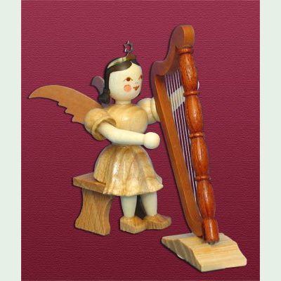 Blank Engel mit Harfe sitzend - Kurzrockengel natur