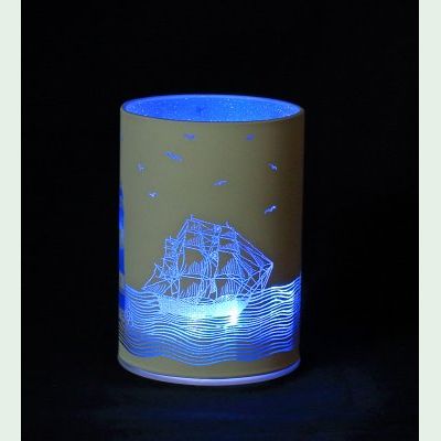 Windlicht, Leuchtglas Twinkle weiß Motiv Schiffe und Meer klein <b><i>LED</i></b>